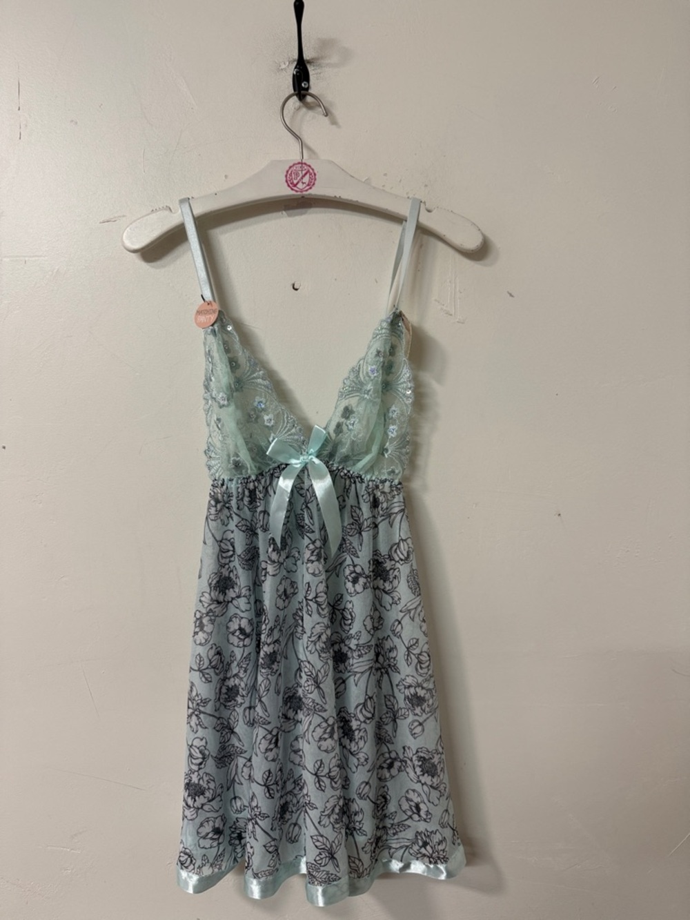 Delicate Mint Lace & Floral Chemise with Satin Bow